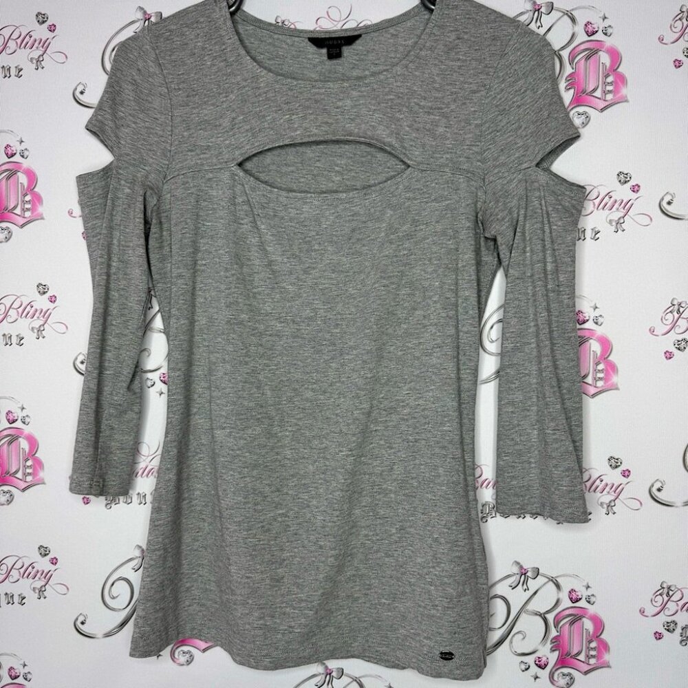Guess top cut outs grey soft buttery metal logo emblem cutout front and arms